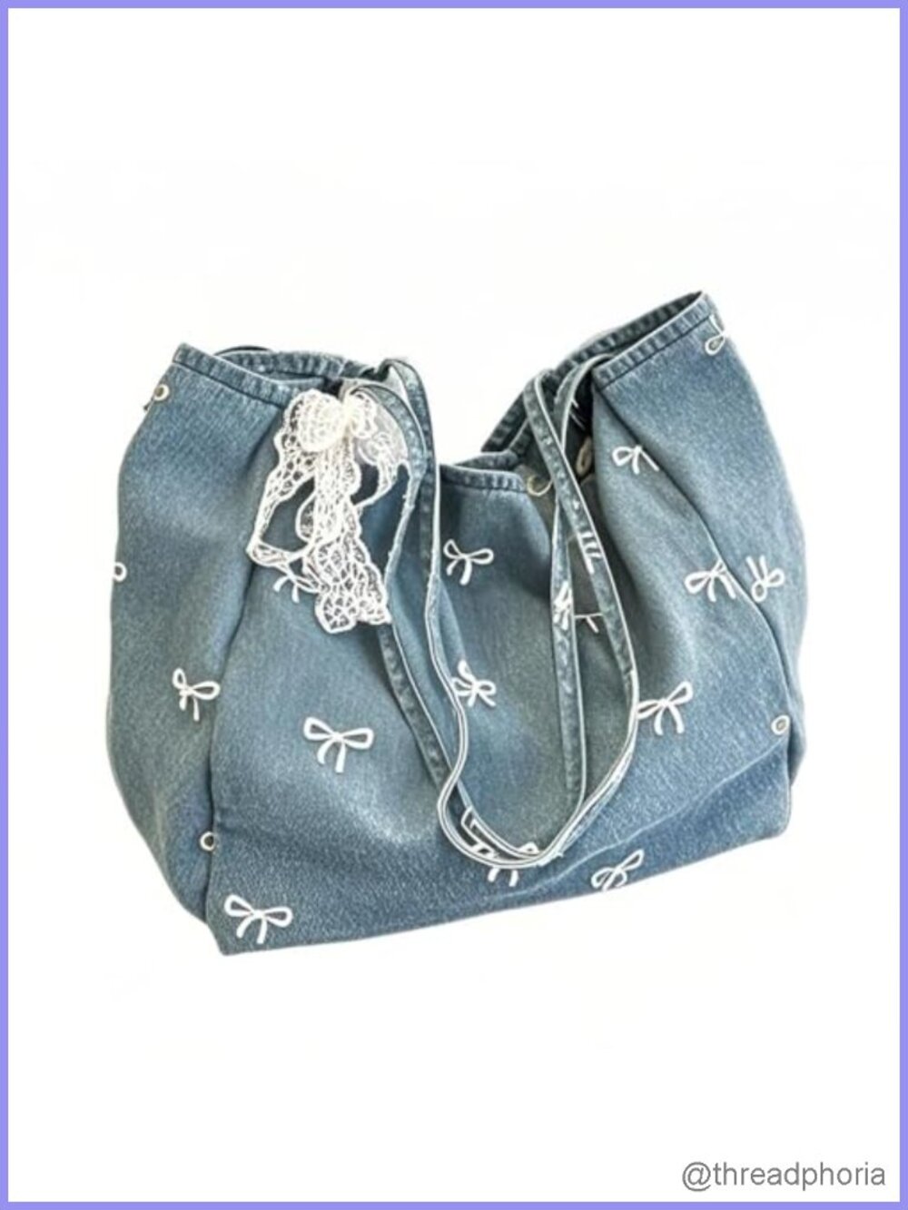 Denim Canvas Tote Bag with White Bow, Large Capacity Shoulder Purse